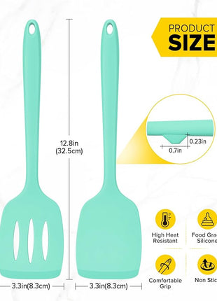 Pack of 2 Silicone Spatula Turners, Non Stick Slotted Kitchen Spatula Set, Heat Resistant BPA Free Kitchen Utensils, One-Piece Design, Suitable for Flipping Fish, Eggs, Steak, Pancakes (GREEN)