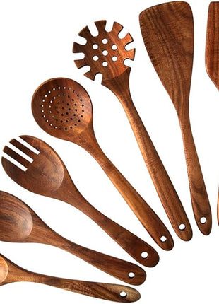 Wooden Kitchen Cooking Utensils Set, NAYAHOSE 7 Pcs Natural Teak Wooden Spoons and Spatulas for Non-stick Pan