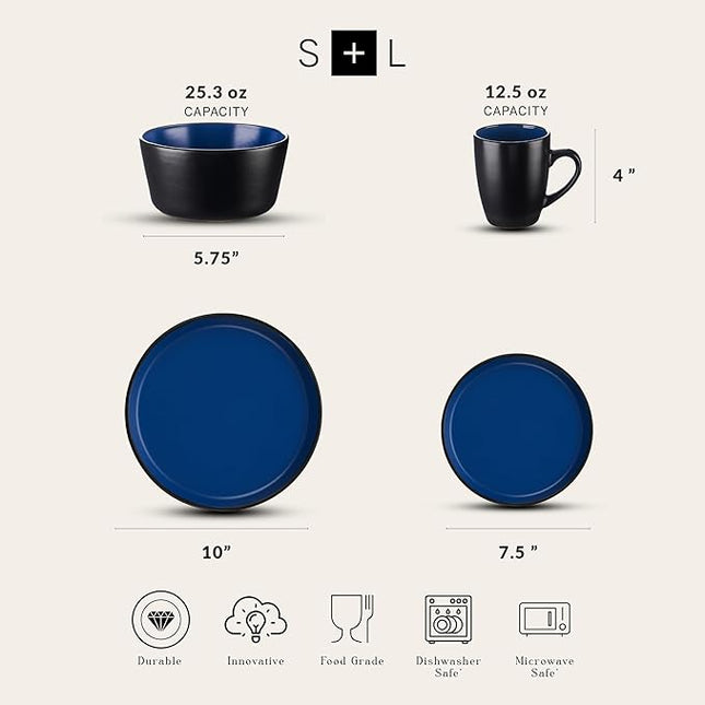 SERVICE FOR 4 - Total of 16 pieces including 8 dinner plates (10”), 4 salad plates (7.5”), 4 bowls (5.75”), and 4 mugs (12 oz), making it the perfect set to service 4 people