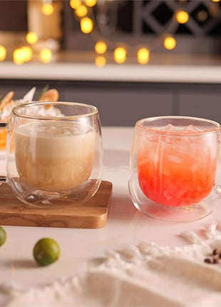 CNGLASS 10oz Double Walled Glass Coffee Mugs(4-pack),Clear Coffee Cups with Handle,Glass Espresso Mugs for Latte,Cappuccino,Tea