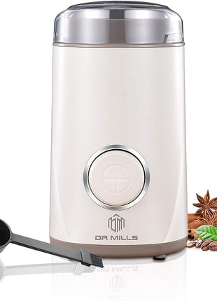 DR MILLS DM-7441W Coffee Grinder Electric, Coffee Bean and Dried Spice Grinder, One Touch Operation, Blade and Cup Made with SUS304 Stainless Steel (White)