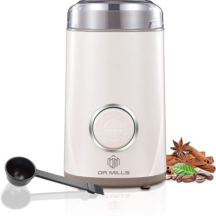 DR MILLS DM-7441W Coffee Grinder Electric, Coffee Bean and Dried Spice Grinder, One Touch Operation, Blade and Cup Made with SUS304 Stainless Steel (White)