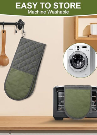 AUAUY Black Double Oven Mitts, 250°C/482°F Heat Resistant BBQ Mittens with Ropes, Silicone Non-Slip Design Kitchen Mittens, Cooking Glove Kitchen Accessories for Cooking Baking Grilling