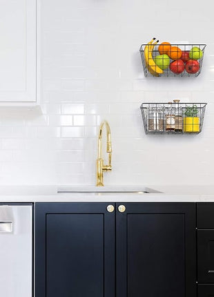 MaraFansie Over the Cabinet Door Organizer Wall Wire Baskets Hanging Kitchen Basket Shelf for Cabinet & Pantry Organization and Kitchen, Bathroom, Bedroom Storage, with Adhesive, Black, 3 Pack