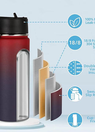 Volhoply 18oz Kids Insulated Water Bottle,Stainless Steel Water Bottles with Straw Lid,Double Wall Vacuum Metal Sports Water Flask,Wide Mouth Reusable Travel Cups For Cold Drink(Red Purple,1 Set)