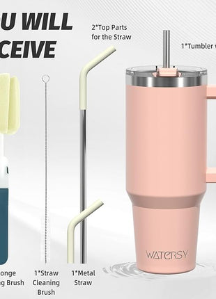 40 oz Tumbler with Handle,Tumbler with Lid and Straw,Double Wall Insulated Cup Stainless Steel Travel Mug(Cold for 34 Hours),Water Bottle for Iced Tea,Coffee,Cold Beverages(Pink)