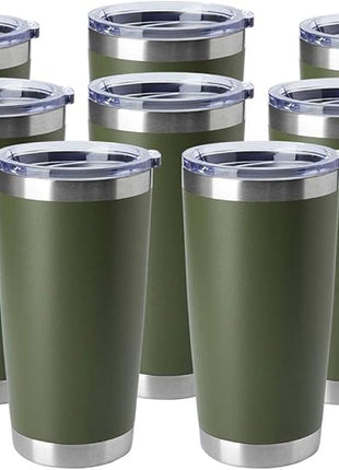 HASLE OUTFITTERS 20oz Tumblers Bulk Stainless Steel Cup with Lid Double Wall Vacuum Insulated Coffee Mug for Cold & Hot Drinks 8 Pack, Army Green