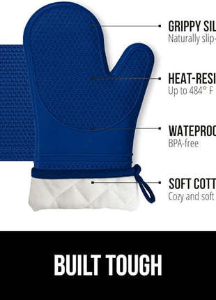 GORILLA GRIP BPA-Free Soft Silicone Oven Mitts and Pot Holders Sets of 4, Heat Resistant Waterproof Cooking Gloves, Thick Cotton Lining, Flexible Gripping for Baking Grilling, Kitchen Trivets, Blue