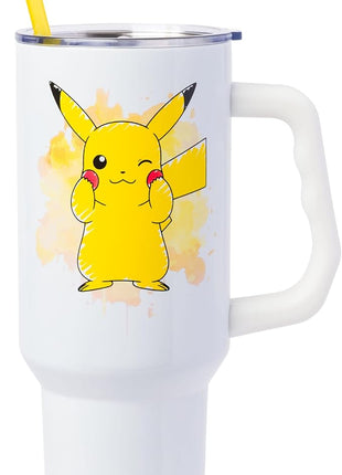 Silver Buffalo Pokémon Stainless Steel Tumbler with Handle Featuring Pikachu, Fits in Standard Cup Holder, 40 Ounces