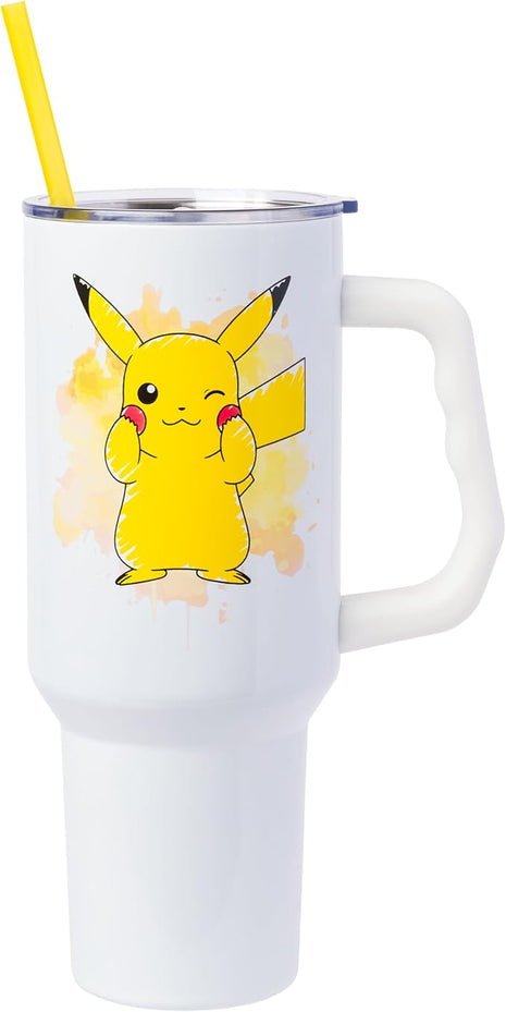 Silver Buffalo Pokémon Stainless Steel Tumbler with Handle Featuring Pikachu, Fits in Standard Cup Holder, 40 Ounces