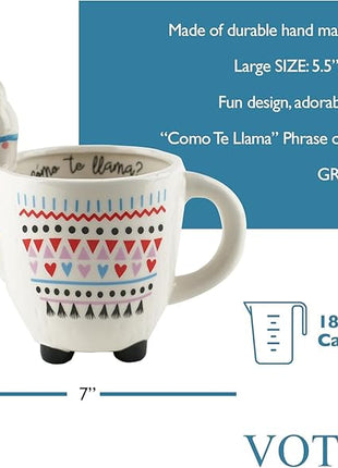VOTUM Animal-Shaped Llama Coffee Mug, 18.6 fl. oz. - Handmade, Adorable Tea Cup with Printed Como Te Llama Writing - Premium Ceramic Gifts for Women & Men