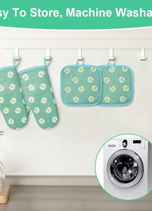 AUAUY Oven Mitts and Potholders, BBQ Gloves Heat Resistant, 1 Pair Oven Mitts and 2 Pot Holders, Cotton Non-Slip Cooking Gloves Home Essentials for Cooking Baking Kitchen Microwave Pizza (Daisy-Green)