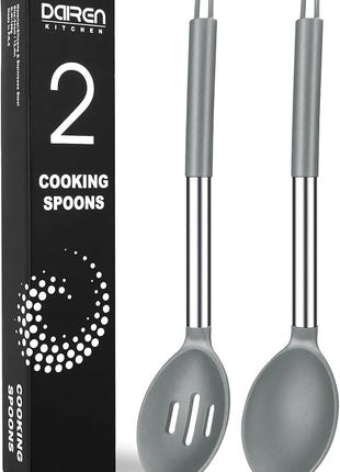 Pack of 2 Large Silicone Cooking Spoons, Non-Stick Stainless Steel Slotted and Solid Spoon Set for Serving, Mixing, Draining, Heat Resistant, Scratch Resistant and BPA Free Kitchen Scoops (Grey)