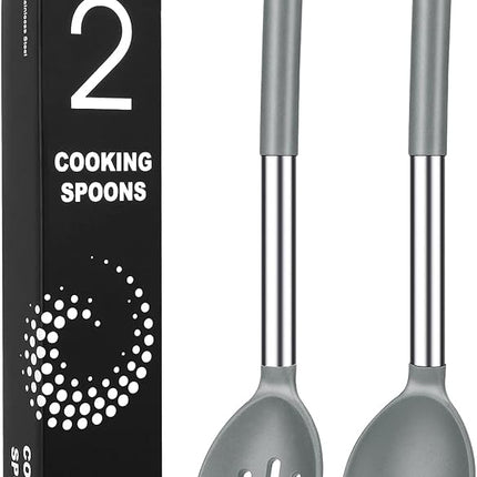Pack of 2 Large Silicone Cooking Spoons, Non-Stick Stainless Steel Slotted and Solid Spoon Set for Serving, Mixing, Draining, Heat Resistant, Scratch Resistant and BPA Free Kitchen Scoops (Grey)