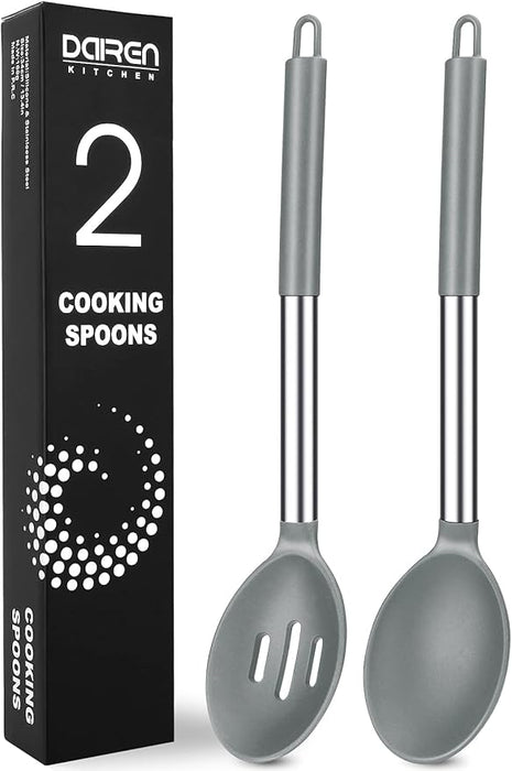 Pack of 2 Large Silicone Cooking Spoons, Non-Stick Stainless Steel Slotted and Solid Spoon Set for Serving, Mixing, Draining, Heat Resistant, Scratch Resistant and BPA Free Kitchen Scoops (Grey)