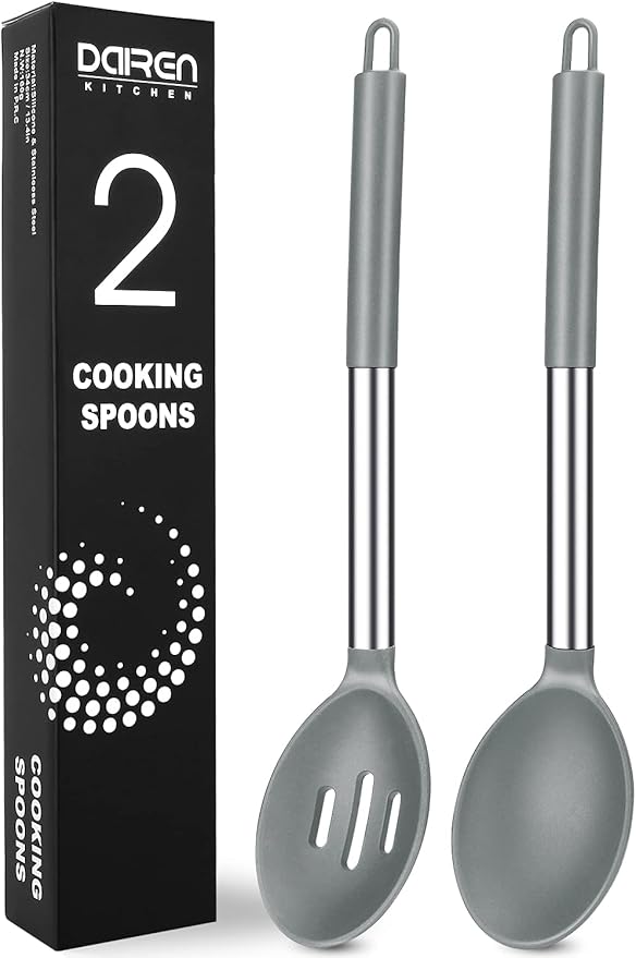 Pack of 2 Large Silicone Cooking Spoons, Non-Stick Stainless Steel Slotted and Solid Spoon Set for Serving, Mixing, Draining, Heat Resistant, Scratch Resistant and BPA Free Kitchen Scoops (Grey)