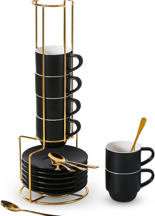 Lareina Porcelain 3-Ounce Espresso Cups Set of 6, Small Stackable Coffee Cups with Saucers, Spoons and Metal Stand - Ceramic Demitasse Mugs, Double Shots Expresso Cup, Matte Black
