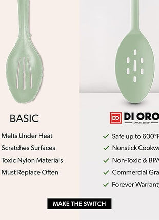 DI ORO Silicone Spoons for Cooking - Large Kitchen Spoons for Mixing, Serving, & Stirring - 600°F Heat-Resistant Non Stick Utensils – Big Solid & Slotted Basting Spoons - Dishwasher Safe (2pc, Sage)