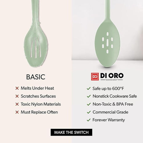 DI ORO Silicone Ladle & Spoons for Cooking – Large Kitchen Spoons for Mixing, Serving, & Stirring - Soup Ladle with Wide Bowl - High Heat Silicone Kitchen Utensils for Nonstick Cookware Safe (Sage)