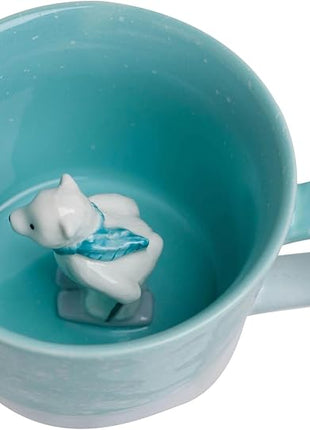 DIHOclub Skiing Polar Bear Ceramic Cup Hidden Animal Inside Mug Cute Cartoon Handmade Figurine Mugs,Holiday and Birthday Gift for Coffee Milk Tea Lovers,12 OZ(Blue White)
