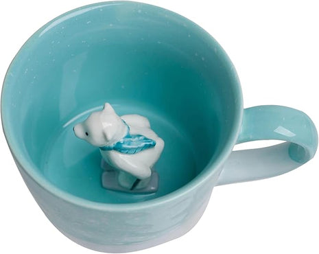 DIHOclub Skiing Polar Bear Ceramic Cup Hidden Animal Inside Mug Cute Cartoon Handmade Figurine Mugs,Holiday and Birthday Gift for Coffee Milk Tea Lovers,12 OZ(Blue White)