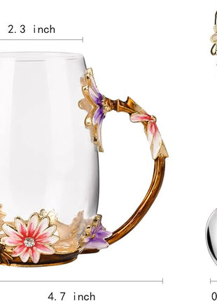 OEAGO Purple Gifts for Women Mom Mothers Day Glass Coffee Enamels Mug Best Birthday Flower Gifts for Her from Daughter Son Lead-Free Christmas Tea Cup with Spoon Set