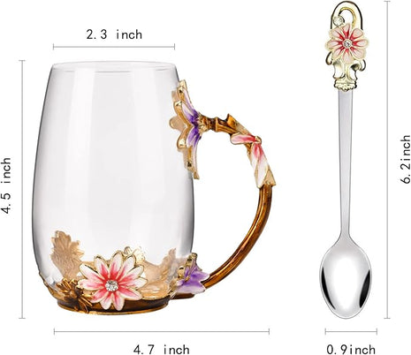 OEAGO Purple Gifts for Women Mom Mothers Day Glass Coffee Enamels Mug Best Birthday Flower Gifts for Her from Daughter Son Lead-Free Christmas Tea Cup with Spoon Set