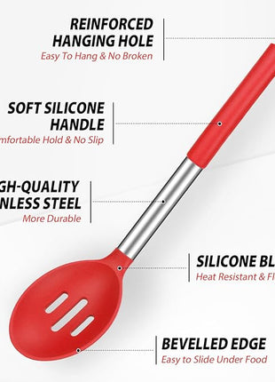 Pack of 2 Large Silicone Cooking Spoons, Non-Stick Stainless Steel Slotted and Solid Spoon Set for Serving, Mixing, Draining, Heat Resistant, Scratch Resistant and BPA Free Kitchen Scoops (Red)