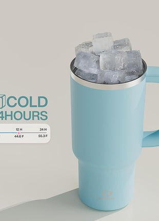 ENCOOL 32 oz Tumbler with Handle and Straw: Stainless Steel Insulated Tumbler Keeps Cold for 24 Hours, Leakproof Travel Cup Fits in Cup Holder and BPA-Free,Pewter Blue