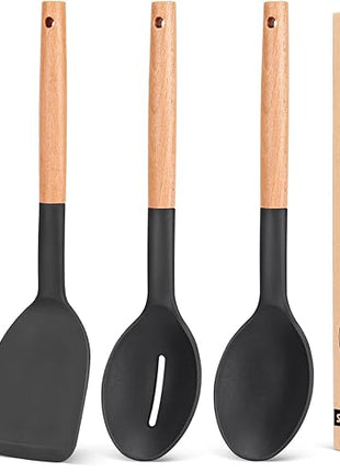 Pack of 4 Silicone Cooking Utensils Set, Non Stick Solid Spatulas and Heat Resistant Slotted Spoons with Wooden Handle, Ideal Wood Kitchen Utensils Set for Frying,Serving,Turning,Stirring (BLACK)
