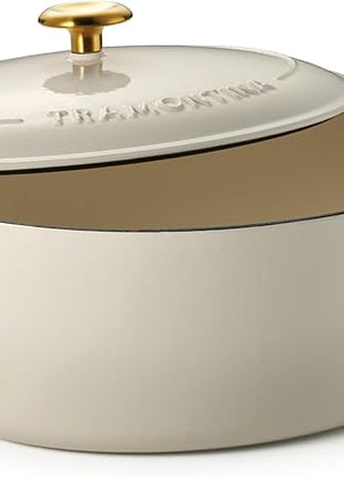 Tramontina Bestow Enameled Cast Iron Oval Dutch Oven Pot with Lid, Large 7-quart, Latte (Gold Knob)