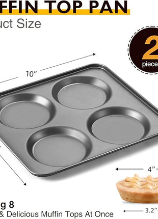 HONGBAKE Large Muffin Top Pan Set of 2, 4 Cup Nonstick Hamburger Bun Baking Pan, Jumbo Whoopie Pie Pan for Egg Sandwich, Cornbread, Layer Cake