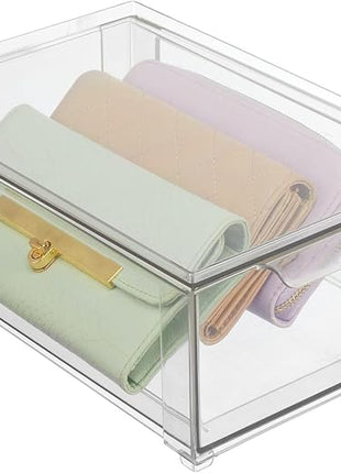 mDesign Plastic Closet Organizer Bin w/Pull Out Drawer - Shallow Stackable Storage for Closet - Organization for Shoes, Clothes, Bags, Totes, and Small Linens - Lumiere Collection - Clear