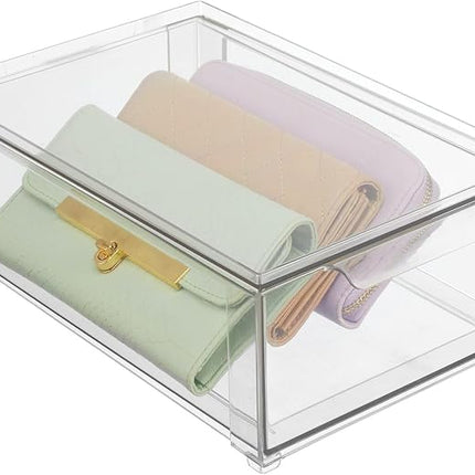 mDesign Plastic Closet Organizer Bin w/Pull Out Drawer - Shallow Stackable Storage for Closet - Organization for Shoes, Clothes, Bags, Totes, and Small Linens - Lumiere Collection - Clear