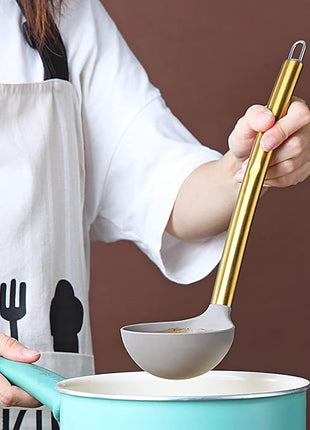 Gold Ladle, Berglander Non-stick Silicone Kitchen Ladle With Titainium Gold Plating handle, Soup Ladle, Cooking Ladle Soup Spoon For Cooking, Dishwasher Safe, Easy to Clean