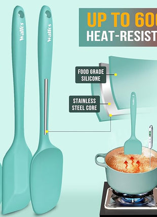 Walfos Silicone Spatula - 600°F High Heat Resistant Kitchen Spoon Spatulas（set of 5), Strong Steel Core and One-Pieces Design, For Cooking Mixing & Baking - BPA Free and Dishwasher Safe (Teal/Aqua)