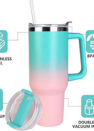 SYACOT 40 oz Tumbler with Handle and Straw Stainless Steel Insulated Tumbler Leak Proof Lid and Straw Lid Reusable Travel Mug Coffee Mug Cup Dishwasher Safe Keep Drinks Cold and Hot (Bubble Gum)