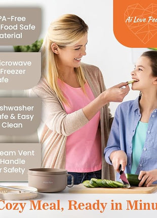 AI LOVE PEACE Ramen Bowl, 40 oz Microwaveable Noodle Cooker for Ramen, Pho, Soup, and Pasta, Dishwasher Safe and Portable, Ideal for Home, Office, Dorm, or Gift (Beige)