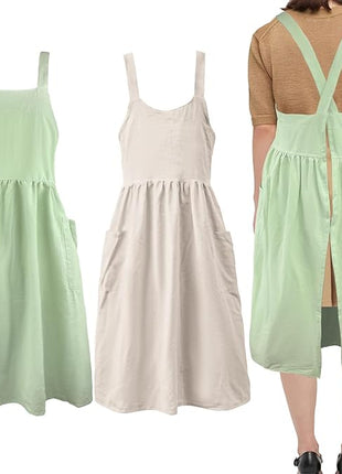 Uaussi Cotton Linen Apron Cross Back Work Apron for Women with Pockets Pinafore Dress X Cross Halter Apron for Chef Gardening