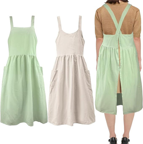 Uaussi Cotton Linen Apron Cross Back Work Apron for Women with Pockets Pinafore Dress X Cross Halter Apron for Chef Gardening