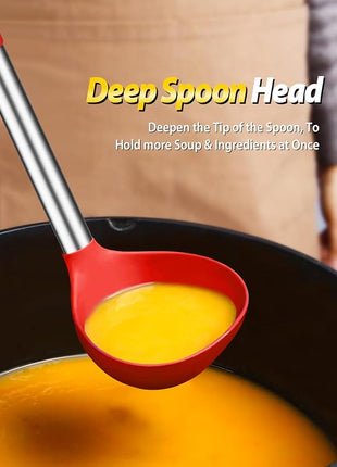 Silicone Pasta Fork and Ladle Spoon Set, Large Non Stick Kitchen Utensils for Cooking,Stirring,Serving Spaghetti, Soup, Sauce (RED)