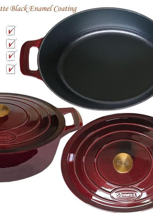 La Cuisine Enameled Cast Iron Oval Dutch Oven Casserole Dish Pot with Lid 6.75 QT Internal Matte Black Enamel Coating for bread baking, Gold-Plated Stainless Steel Lid Handle, Oven Safe up to 500° F. Cranberry