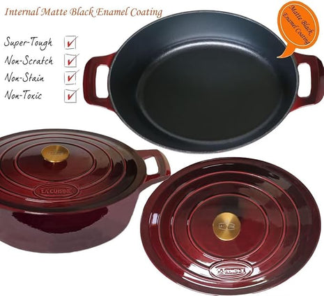 La Cuisine Enameled Cast Iron Oval Dutch Oven Casserole Dish Pot with Lid 6.75 QT Internal Matte Black Enamel Coating for bread baking, Gold-Plated Stainless Steel Lid Handle, Oven Safe up to 500° F. Cranberry