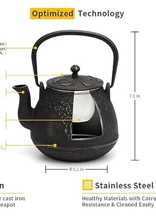 Tea Kettle, TOPTIER Japanese Cast Iron Tea Pot for Stove Top, Cast Iron Teapot Humidifier for Wood Stove, Leaf Design Tea Kettle Coated with Enameled Interior for 32 Ounce (950 ml), Black
