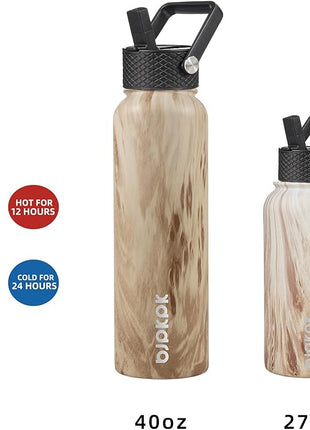 BJPKPK Insulated Water Bottles with Straw Lid, 27oz Stainless Steel Water Bottle with 3 Lids, Leak Proof BPA Free Metal Thermo, Mugs, Tumblers, Keep Cold Hot - Wood- Yellow Gray