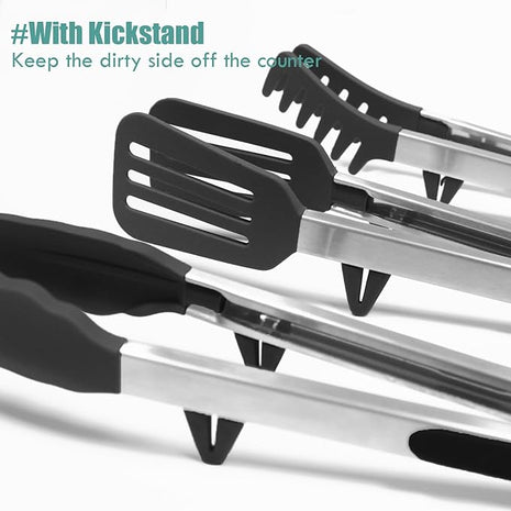 Tongs for Cooking, 12" Kitchen Tongs with Silicone Tips, Food Grade Serving Tongs Set of 3, Black