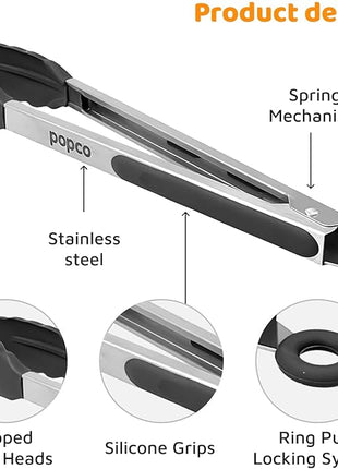Popco 3-Piece Kitchen Tongs Set – Stainless Steel Heat Resistant Silicone Tips, Strong Comfort Grip, 3 Sizes (7, 9, 12 Inch), Non-Scratch, Dishwasher Safe, for Cooking, BBQ, Salad