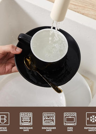 Lareina 8 Ounce Porcelain Cappuccino Cups Set of 4, Stackable Coffee Cups with Saucers, Spoons and Metal Stand -for Specialty Coffee Drinks, Cappuccino, Latte, Americano and Tea, Black