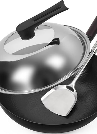 12.5 Inch Carbon Steel Wok For Electric, Induction and Gas Stoves (Lid, Spatula and User Guide Video Included)
