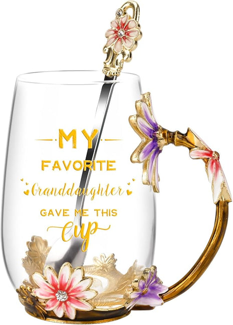 OEAGO Grandma Gifts from Granddaughter Tea Cup Birthday Grandparent Gifts Mothers Day Enamel Flower Glass Mugs from Grandkids Grandchildren